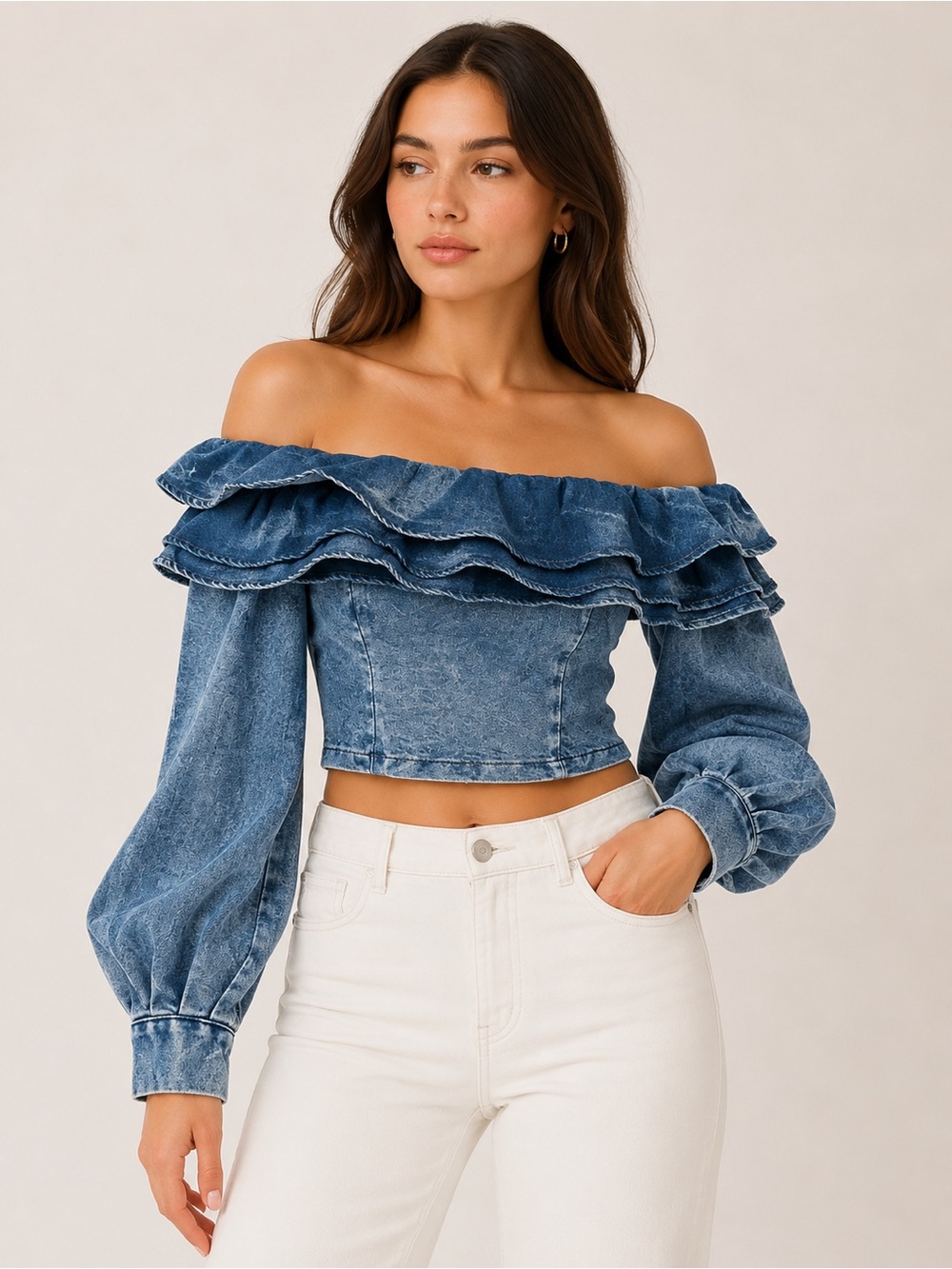 Ruffle Collar Off Shoulder Denim Crop Top Stretchy Balloon Sleeve Boho Western